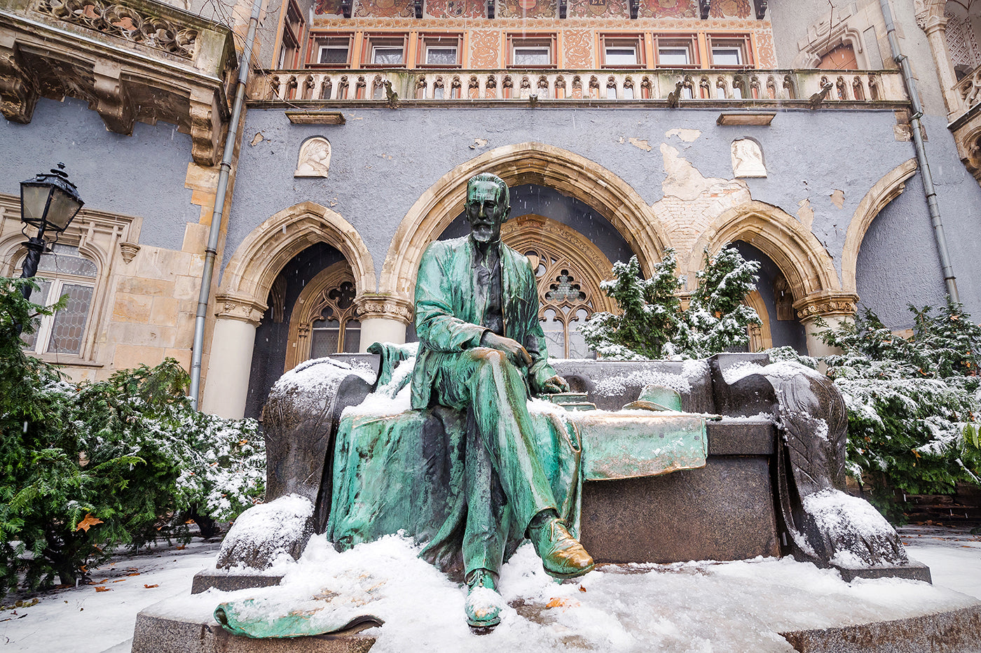 Statue of Count Sándor Károlyi in winter at Vajdahunyad Castle #365
