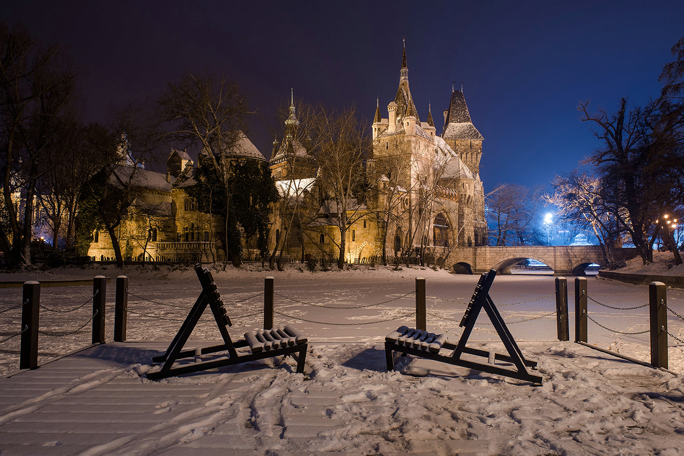 Snowy Vajdahunyad Castle at night #387
