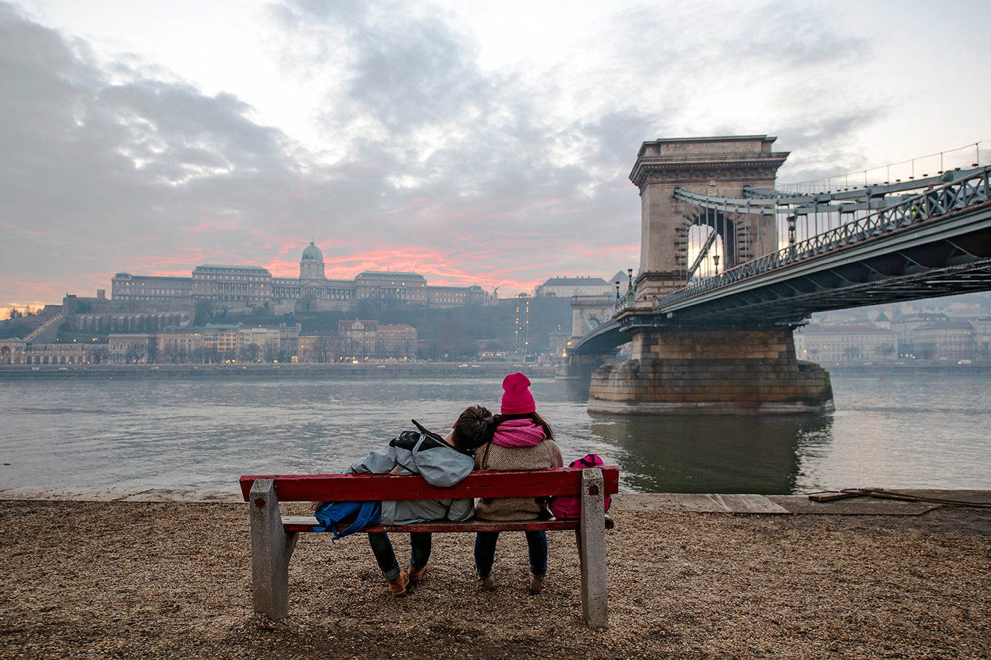 Sitting on a bench at the foot of the Chain Bridge #597
