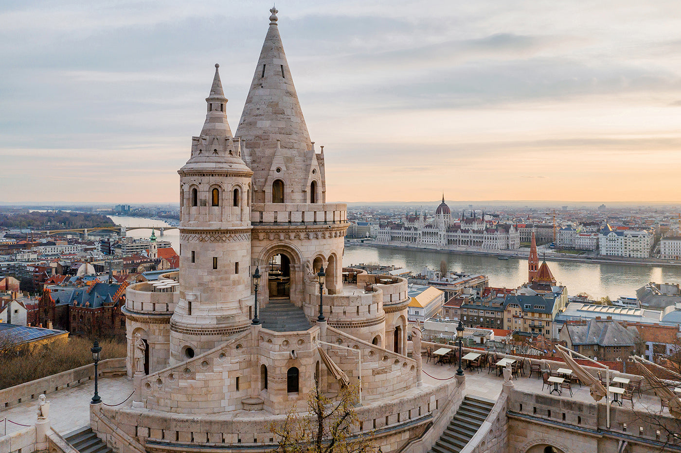 Fisherman's Bastion at Sunrise with Drone #678