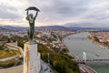 Statue of Liberty and Budapest skyline with drone #709