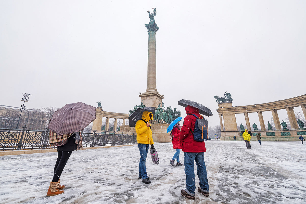 Turisták a Hősök terén hóesésben #1433