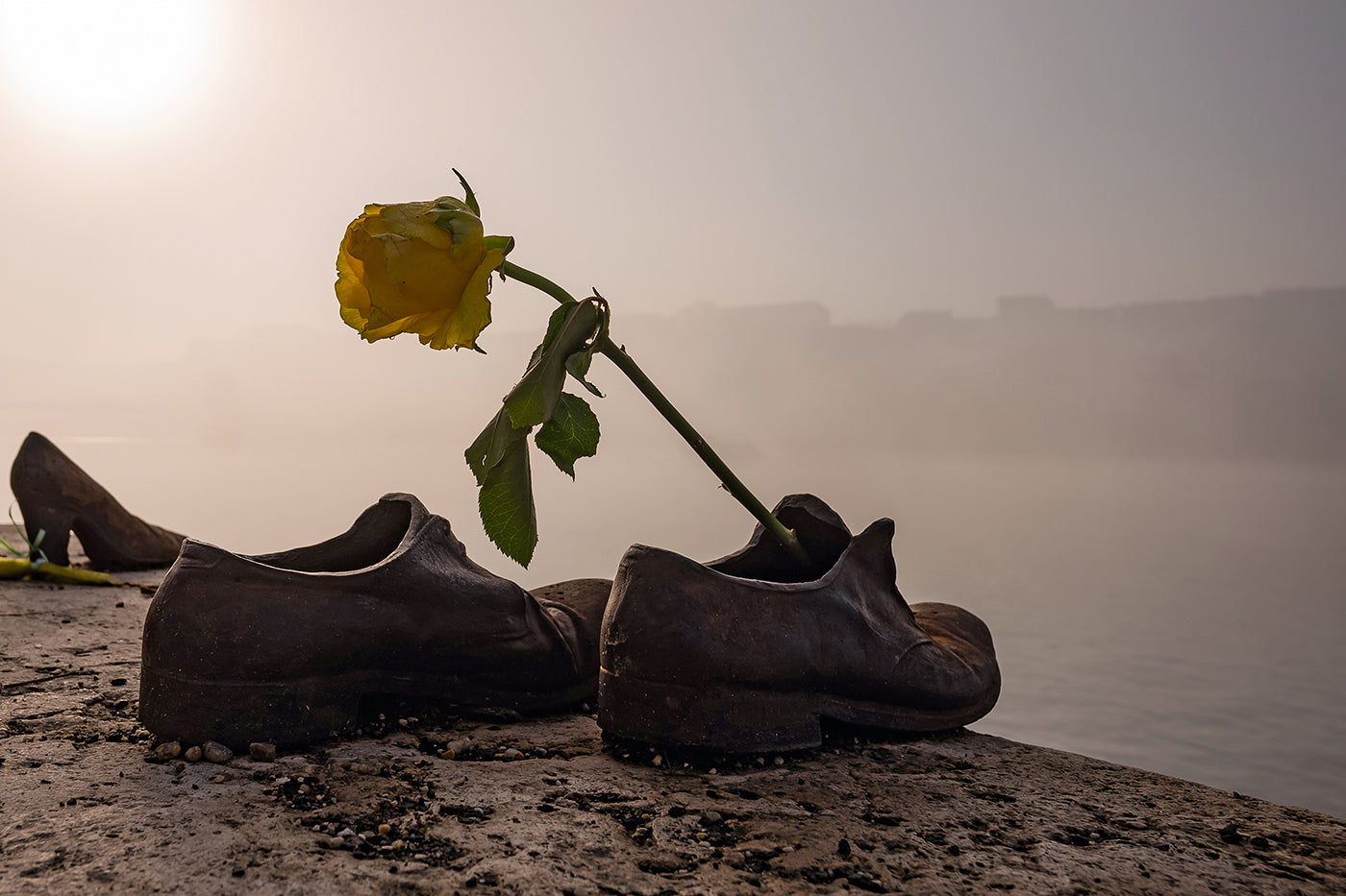 Shoes on the Danube Bank statue in fog #1863