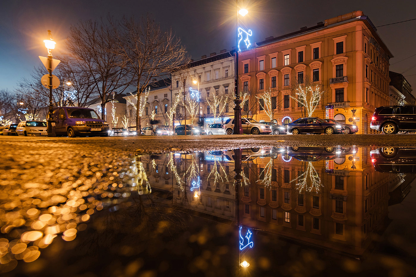 Christmas Andrássy Avenue reflected in a puddle #1883