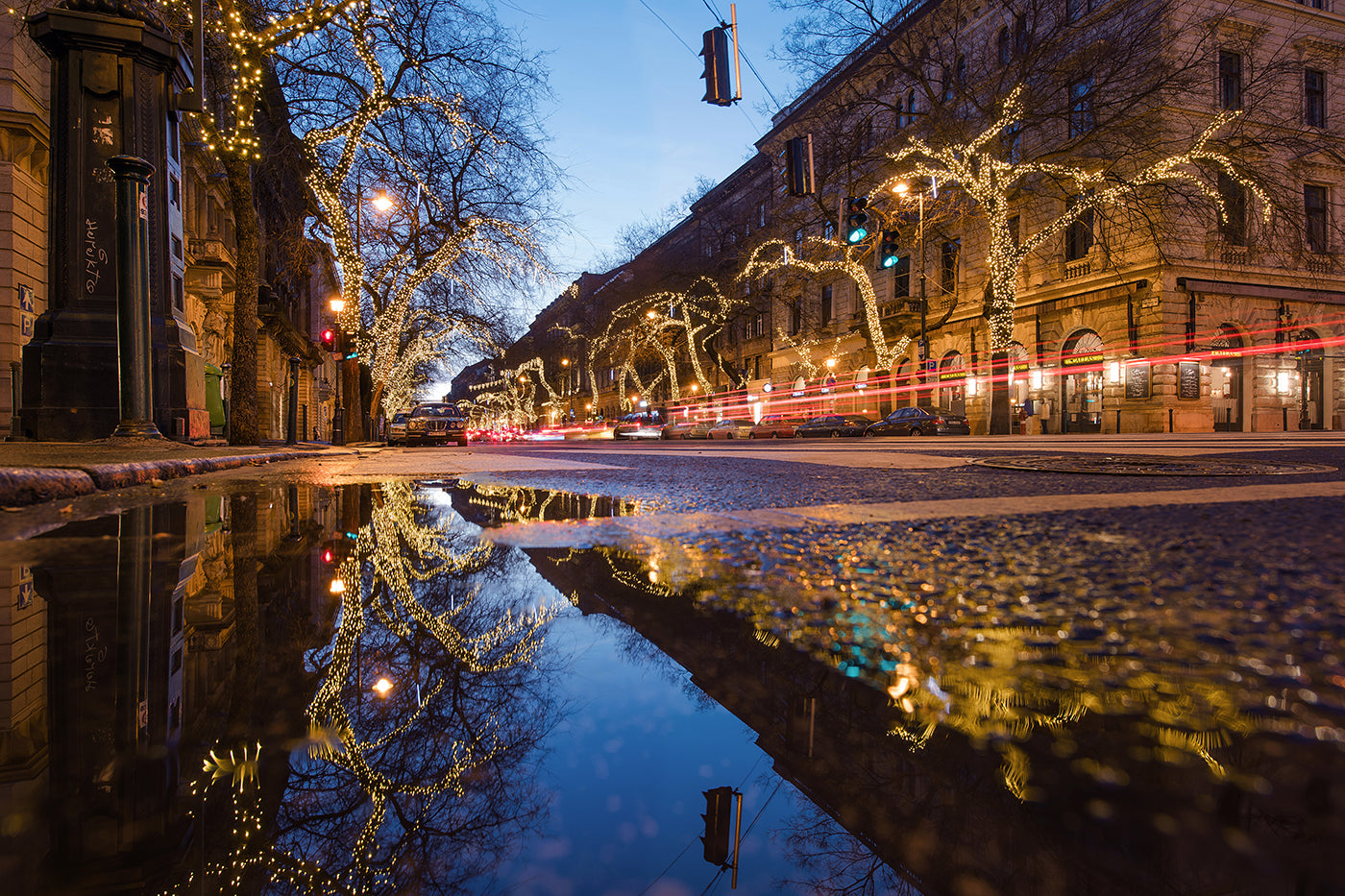 Christmas Andrássy Avenue reflected in a puddle #1900
