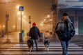 Dog walking in Fővám Square on a foggy winter evening #6838