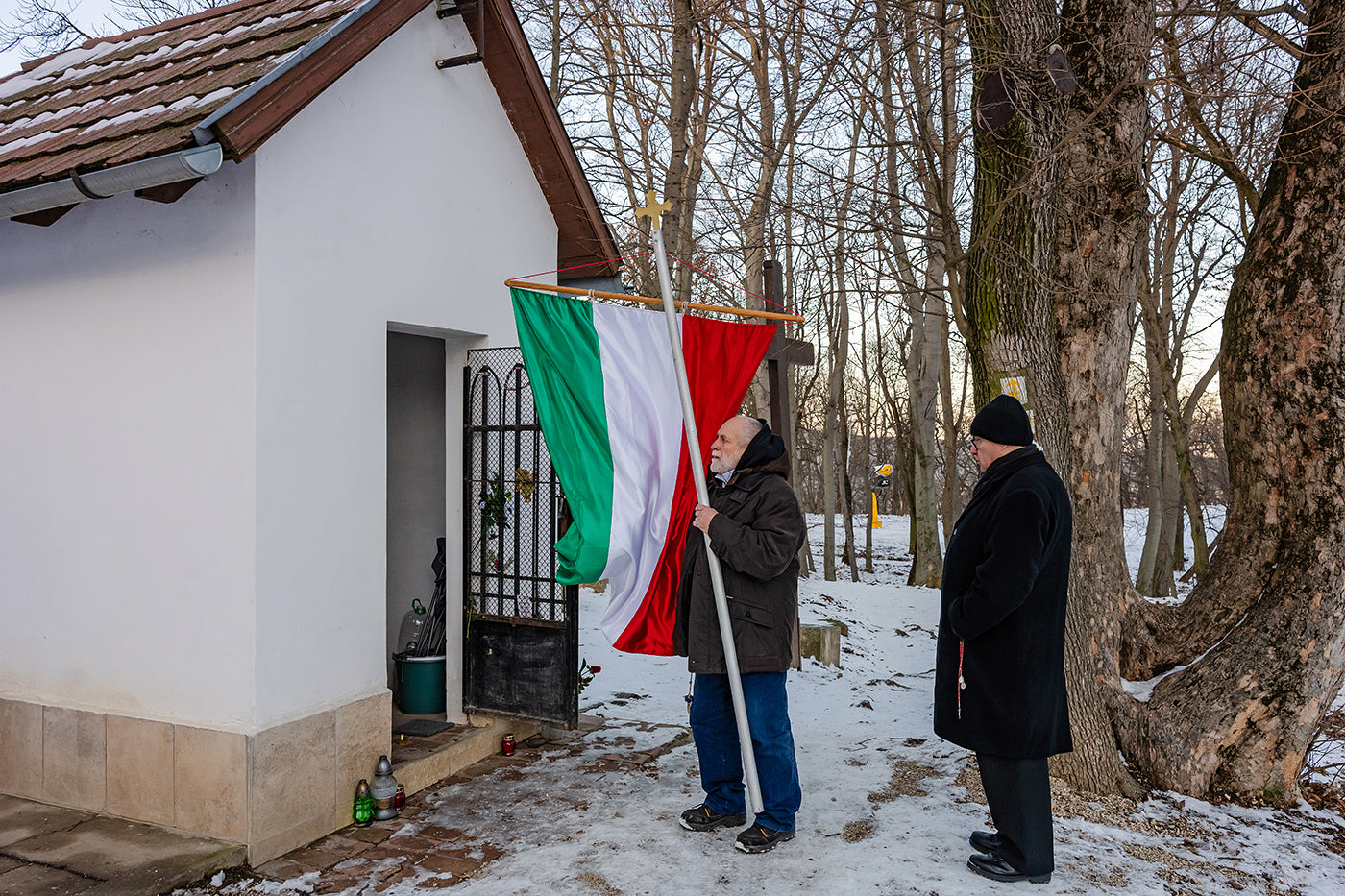 Magyar zászlóval a havas Normafán #9221